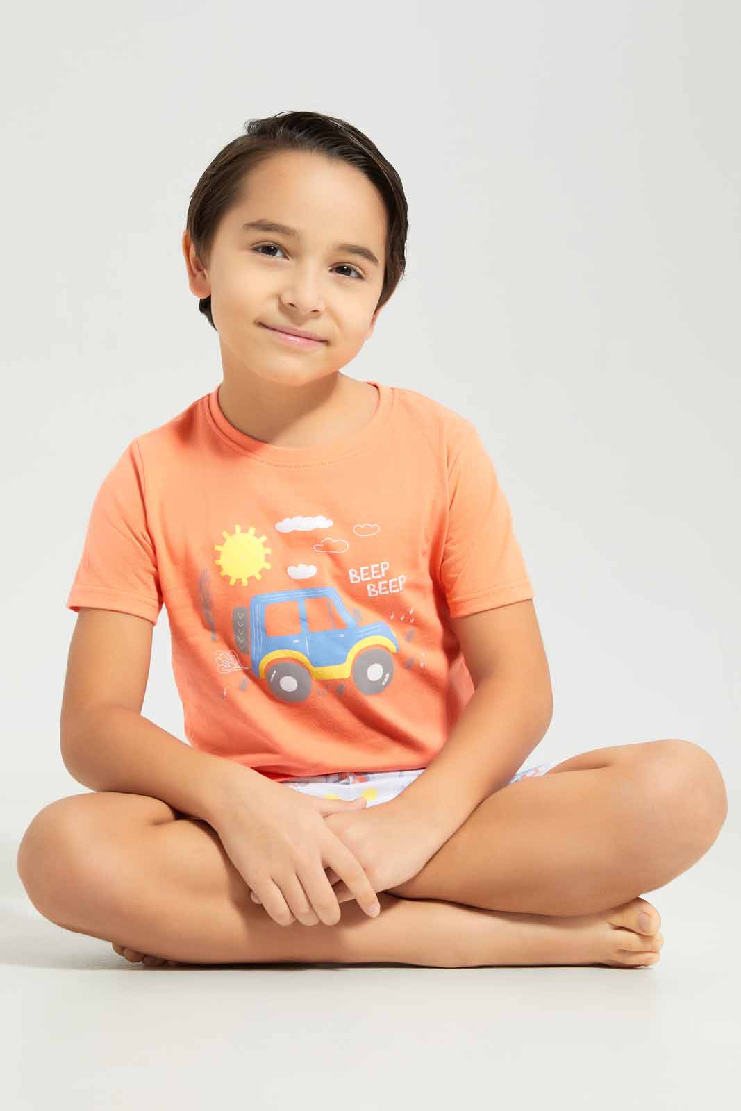 Redtag-Orange-Car-Print-Tee-And-Shorts-Set-2FOR49,-BOY-Pyjama-Sets,-Category:Pyjama-Sets,-Colour:Orange,-Deals:2-FOR-49,-Deals:New-In,-Dept:Boys,-Filter:Boys-(2-to-8-Yrs),-New-In-BOY-APL,-Non-Sale,-Section:Boys-(0-to-14Yrs),-VLM,-W22O-Boys-2 to 8 Years