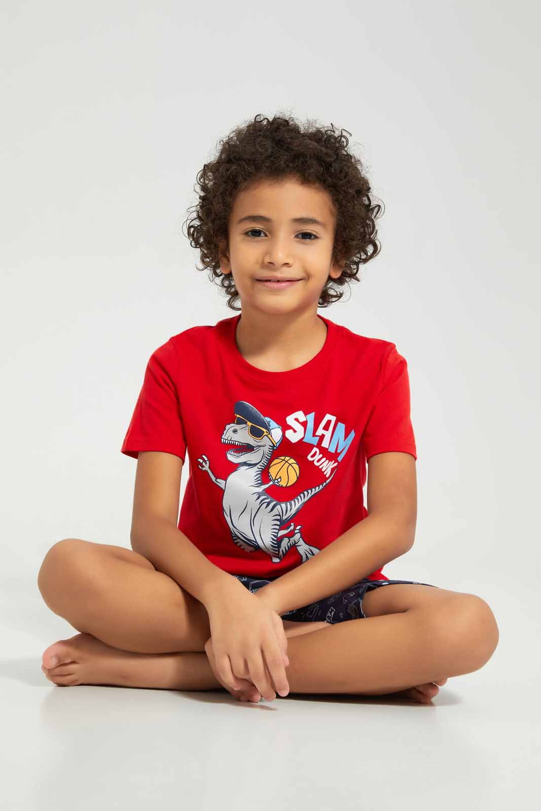 Redtag-Red-Dino-Print-Tee-And-Shorts-Set-BOY-Pyjama-Sets,-Category:Pyjama-Sets,-Colour:Red,-Deals:New-In,-Filter:Boys-(2-to-8-Yrs),-New-In-BOY-APL,-Non-Sale,-Section:Boys-(0-to-14Yrs),-VLM,-W22O-Boys-2 to 8 Years