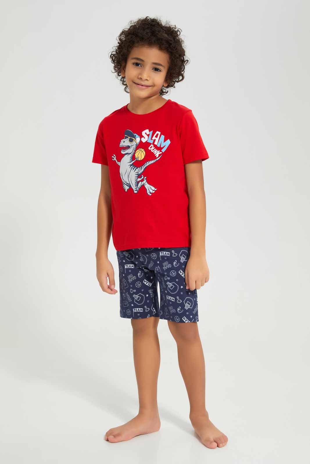 Redtag-Red-Dino-Print-Tee-And-Shorts-Set-BOY-Pyjama-Sets,-Category:Pyjama-Sets,-Colour:Red,-Deals:New-In,-Filter:Boys-(2-to-8-Yrs),-New-In-BOY-APL,-Non-Sale,-Section:Boys-(0-to-14Yrs),-VLM,-W22O-Boys-2 to 8 Years