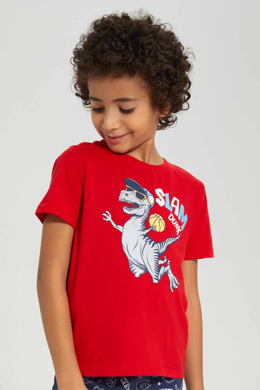 Redtag-Red-Dino-Print-Tee-And-Shorts-Set-BOY-Pyjama-Sets,-Category:Pyjama-Sets,-Colour:Red,-Deals:New-In,-Filter:Boys-(2-to-8-Yrs),-New-In-BOY-APL,-Non-Sale,-Section:Boys-(0-to-14Yrs),-VLM,-W22O-Boys-2 to 8 Years