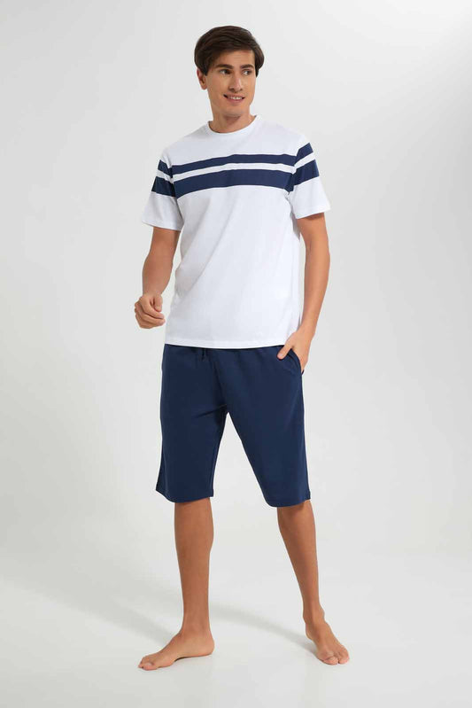 Redtag-White-T-Shirt-With-Navy-Shorts-Pyjama-Set-Category:Pyjama-Sets,-Colour:White,-Deals:New-In,-Filter:Men's-Clothing,-Men-Pyjama-Sets,-New-In-Men-APL,-Non-Sale,-Section:Men,-W22A-Men's-