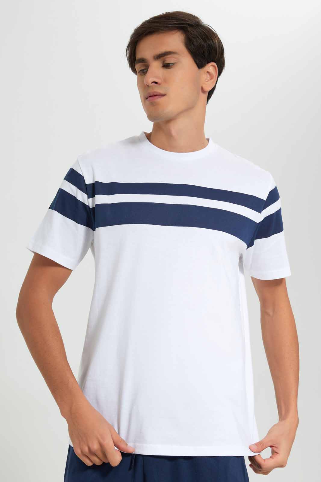 Redtag-White-T-Shirt-With-Navy-Shorts-Pyjama-Set-Category:Pyjama-Sets,-Colour:White,-Deals:New-In,-Filter:Men's-Clothing,-Men-Pyjama-Sets,-New-In-Men-APL,-Non-Sale,-Section:Men,-W22A-Men's-