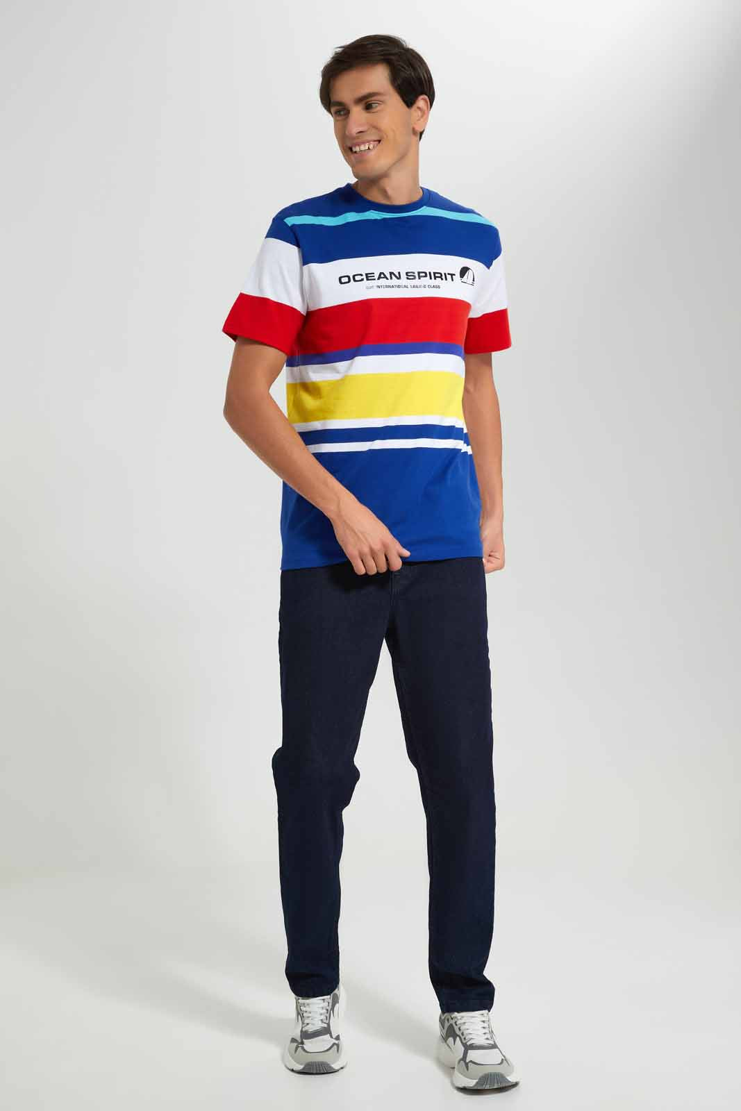Redtag-Navy-Red-Yellow-Striper-Tee-Category:T-Shirts,-Colour:Assorted,-Deals:New-In,-Filter:Men's-Clothing,-Men-T-Shirts,-New-In-Men-APL,-Non-Sale,-Section:Men,-W22O-Men's-