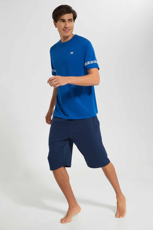 Redtag-Blue-T-Shirt-With-Black-Shorts-Pyjama-Set-Category:Pyjama-Sets,-Colour:Blue,-Deals:New-In,-Filter:Men's-Clothing,-Men-Pyjama-Sets,-New-In-Men-APL,-Non-Sale,-Section:Men,-W22A-Men's-