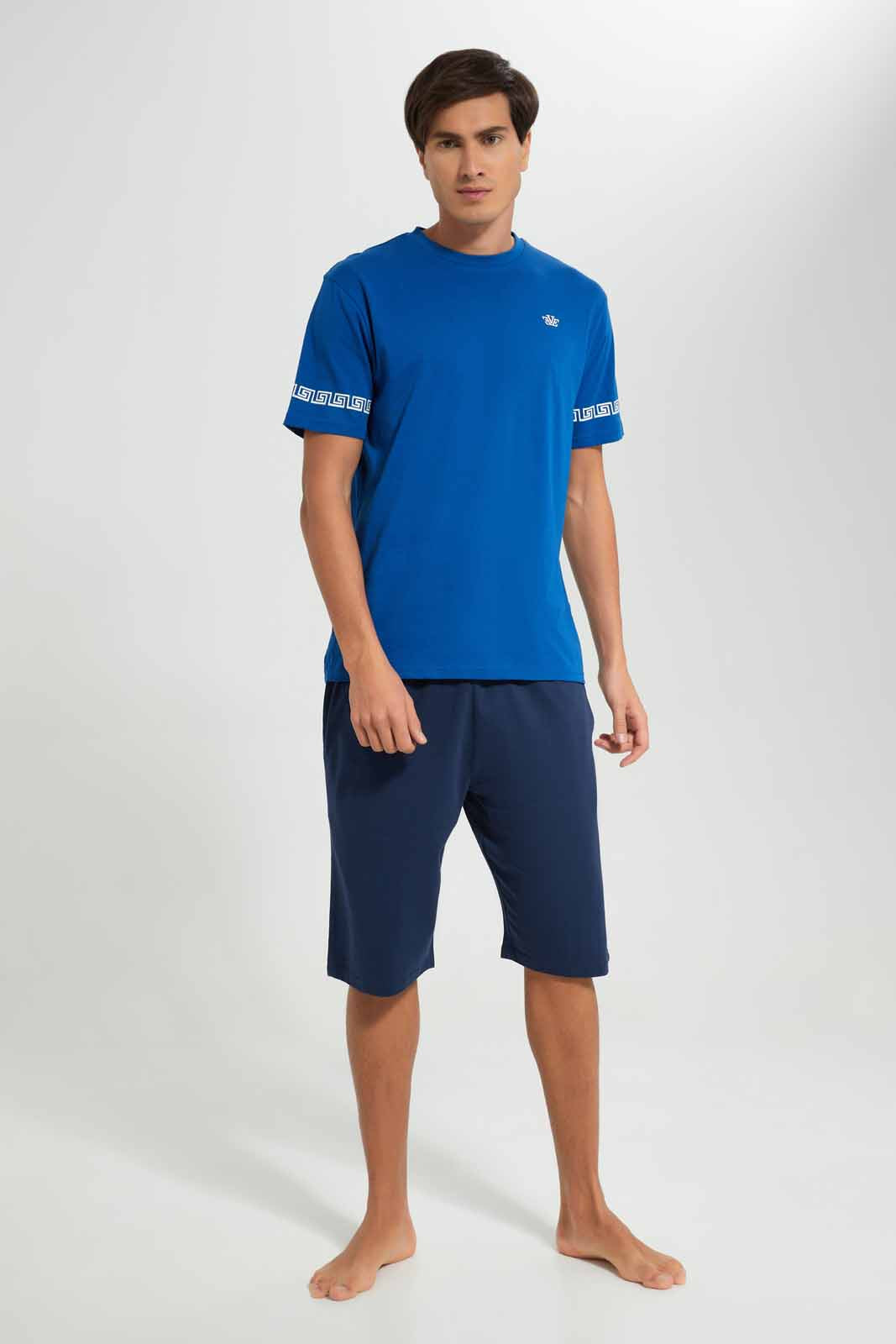 Redtag-Blue-T-Shirt-With-Black-Shorts-Pyjama-Set-Category:Pyjama-Sets,-Colour:Blue,-Deals:New-In,-Filter:Men's-Clothing,-Men-Pyjama-Sets,-New-In-Men-APL,-Non-Sale,-Section:Men,-W22A-Men's-