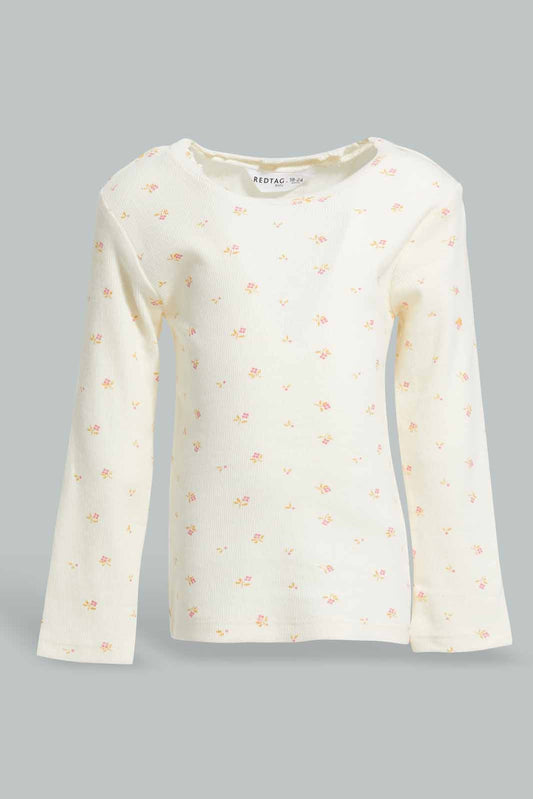 Redtag-Ivory-Floral-AOP-Rib-T-Shirt-Category:T-Shirts,-Colour:Ivory,-Deals:New-In,-Filter:Infant-Girls-(3-to-24-Mths),-ING-T-Shirts,-New-In-ING-APL,-Non-Sale,-Section:Girls-(0-to-14Yrs),-W22A-Infant-Girls-3 to 24 Months