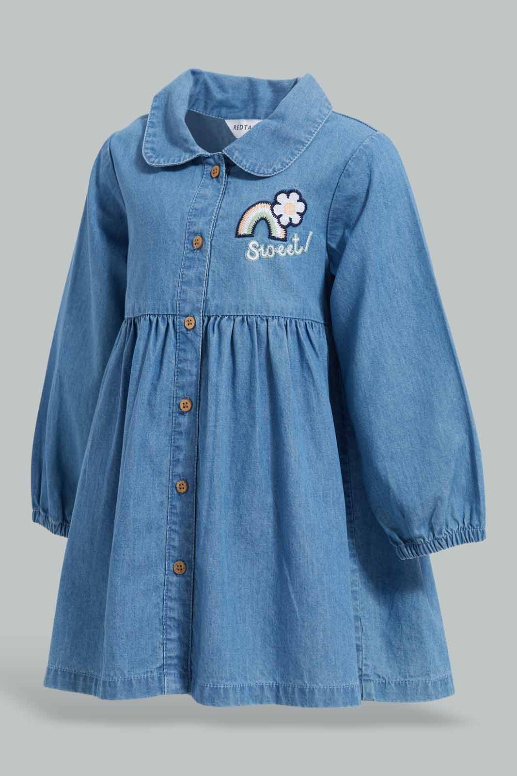 Redtag-Blue-Denim-Front-Open-Dress-Category:Dresses,-Colour:Blue,-Deals:New-In,-Filter:Infant-Girls-(3-to-24-Mths),-ING-Dresses,-New-In-ING-APL,-Non-Sale,-Section:Girls-(0-to-14Yrs),-W22A-Infant-Girls-3 to 24 Months