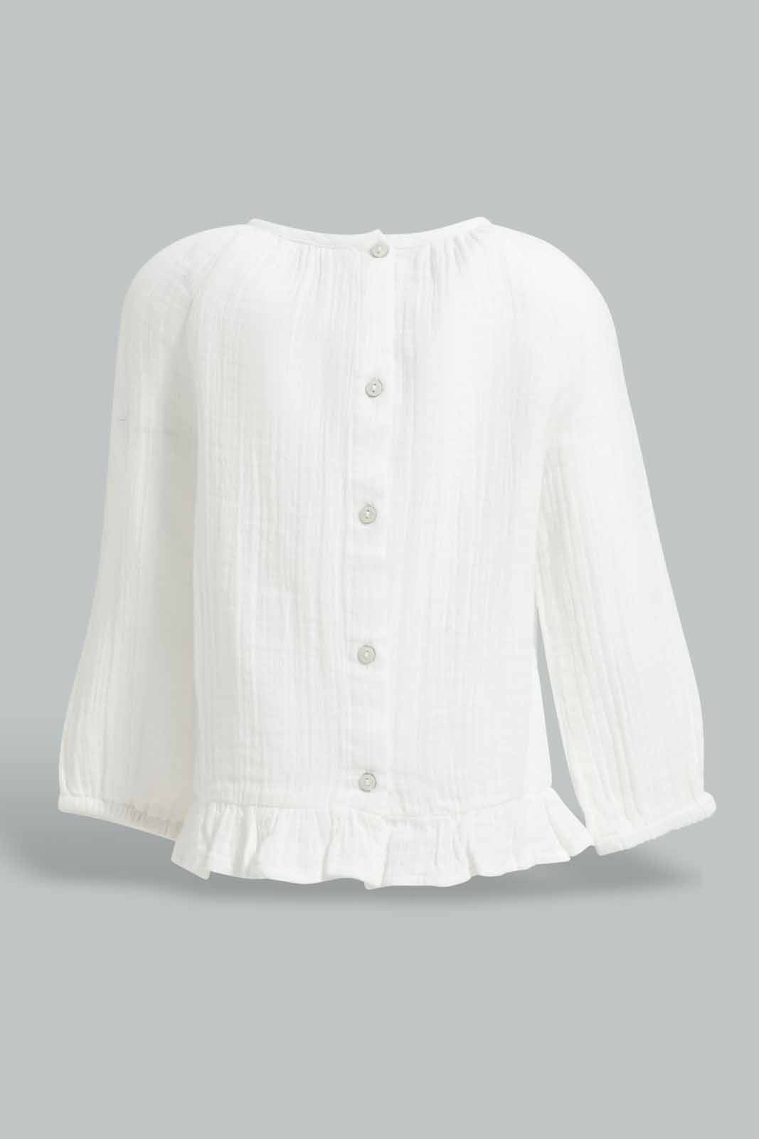 Redtag-White-Solid-Frill-Hem-Blouse-Category:Blouses,-Colour:White,-Deals:New-In,-Filter:Infant-Girls-(3-to-24-Mths),-ING-Blouses,-New-In-ING-APL,-Non-Sale,-Section:Girls-(0-to-14Yrs),-W22A-Infant-Girls-3 to 24 Months