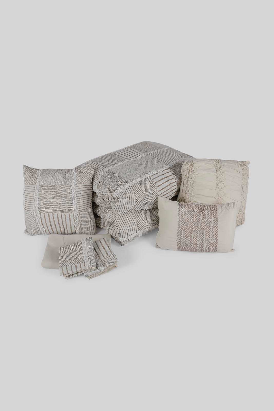 Redtag-Beige-7-Piece-Clip-Jacquard-Comforter-Set-(King-Size)-Category:Comforters,-Colour:Beige,-Deals:New-In,-Dept:Home,-Filter:Home-Bedroom,-HMW-BED-Comforters,-New-In-HMW-BED,-Non-Sale,-Section:Homewares,-W22B-Home-Bedroom-