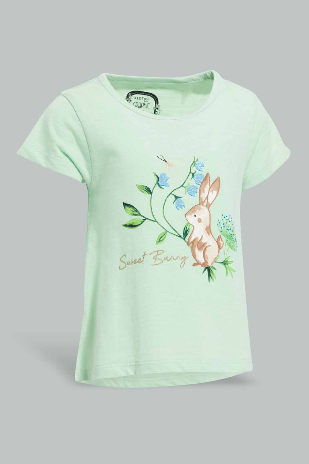 Redtag-Mint-Rabbit-T-Shirt-For-Baby-Girls-Category:T-Shirts,-Colour:Mint,-Deals:New-In,-Filter:Infant-Girls-(3-to-24-Mths),-ING-T-Shirts,-New-In-ING-APL,-Non-Sale,-Section:Girls-(0-to-14Yrs),-TBL,-W22A-Infant-Girls-3 to 24 Months
