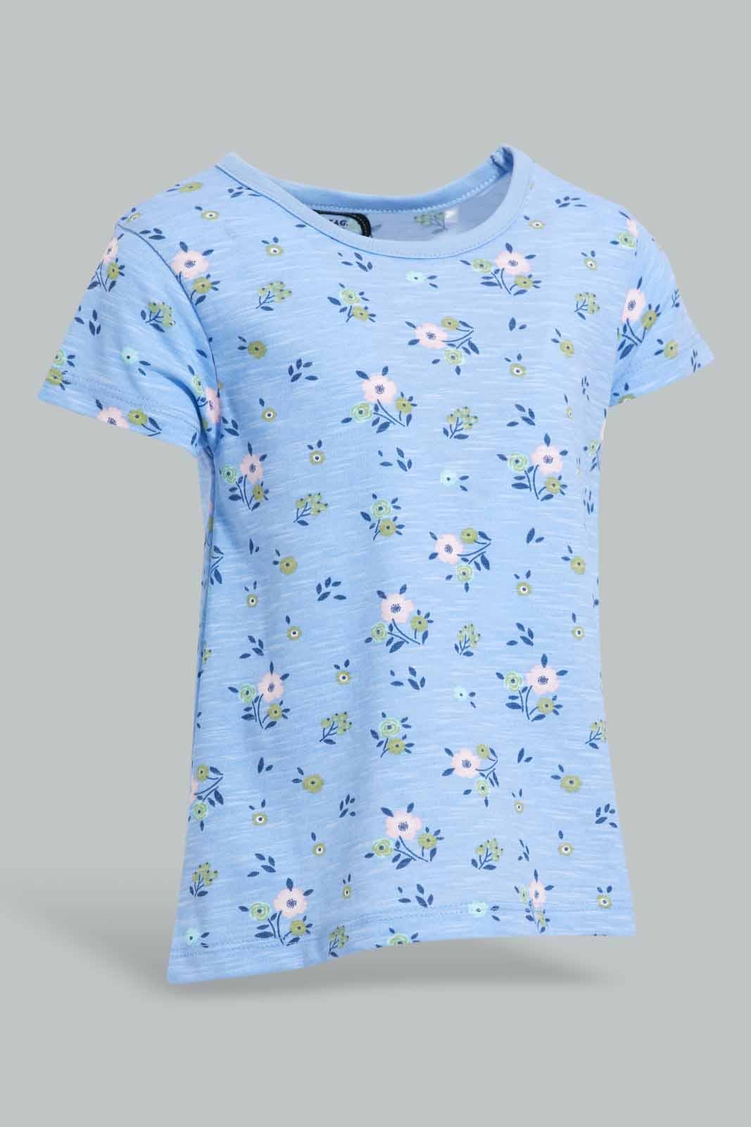 Redtag-Blue-Floral-AOP-Rib-T-Shirt-Category:T-Shirts,-Colour:Blue,-Deals:New-In,-Filter:Infant-Girls-(3-to-24-Mths),-ING-T-Shirts,-New-In-ING-APL,-Non-Sale,-Section:Girls-(0-to-14Yrs),-TBL,-W22A-Infant-Girls-3 to 24 Months