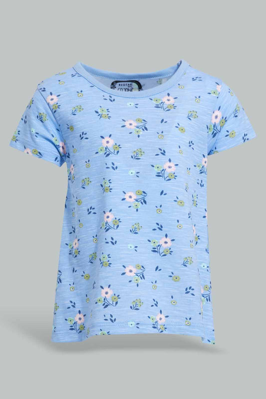 Redtag-Blue-Floral-AOP-Rib-T-Shirt-Category:T-Shirts,-Colour:Blue,-Deals:New-In,-Filter:Infant-Girls-(3-to-24-Mths),-ING-T-Shirts,-New-In-ING-APL,-Non-Sale,-Section:Girls-(0-to-14Yrs),-TBL,-W22A-Infant-Girls-3 to 24 Months