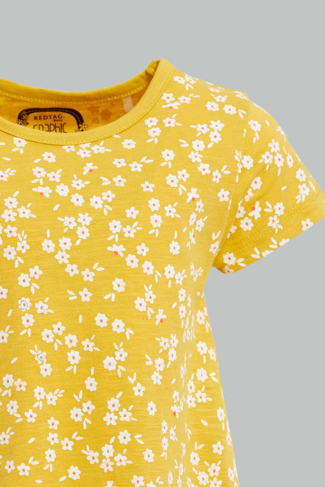 Redtag-Yellow-Floral-AOP-T-Shirt-Category:T-Shirts,-Colour:Yellow,-Deals:New-In,-Filter:Infant-Girls-(3-to-24-Mths),-ING-T-Shirts,-New-In-ING-APL,-Non-Sale,-Section:Girls-(0-to-14Yrs),-TBL,-W22A-Infant-Girls-3 to 24 Months
