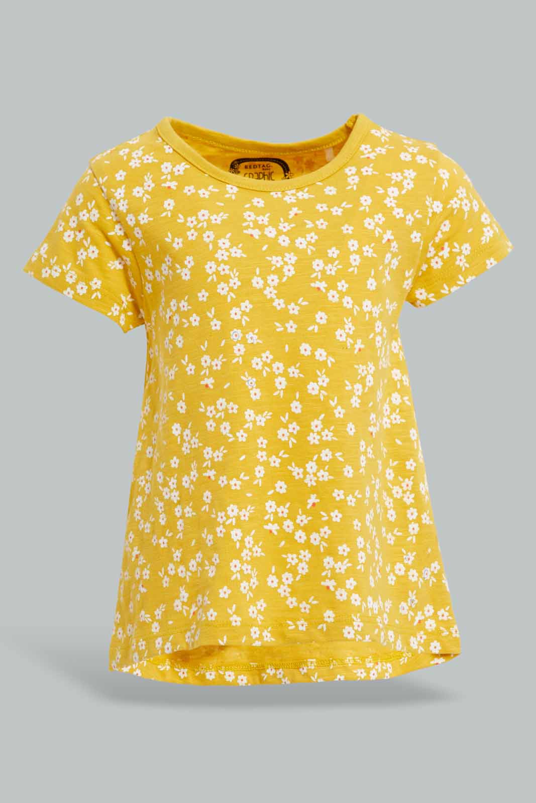 Redtag-Yellow-Floral-AOP-T-Shirt-Category:T-Shirts,-Colour:Yellow,-Deals:New-In,-Filter:Infant-Girls-(3-to-24-Mths),-ING-T-Shirts,-New-In-ING-APL,-Non-Sale,-Section:Girls-(0-to-14Yrs),-TBL,-W22A-Infant-Girls-3 to 24 Months