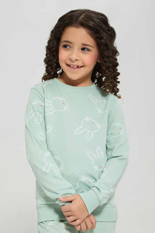 Redtag-Green-Basic-Active-Top---Sage-AOP-Bunny-Category:Sweatshirts,-Colour:Green,-Deals:New-In,-Filter:Girls-(2-to-8-Yrs),-GIR-Sweatshirts,-New-In-GIR-APL,-Non-Sale,-Section:Girls-(0-to-14Yrs),-TBL,-W22A-Girls-2 to 8 Years