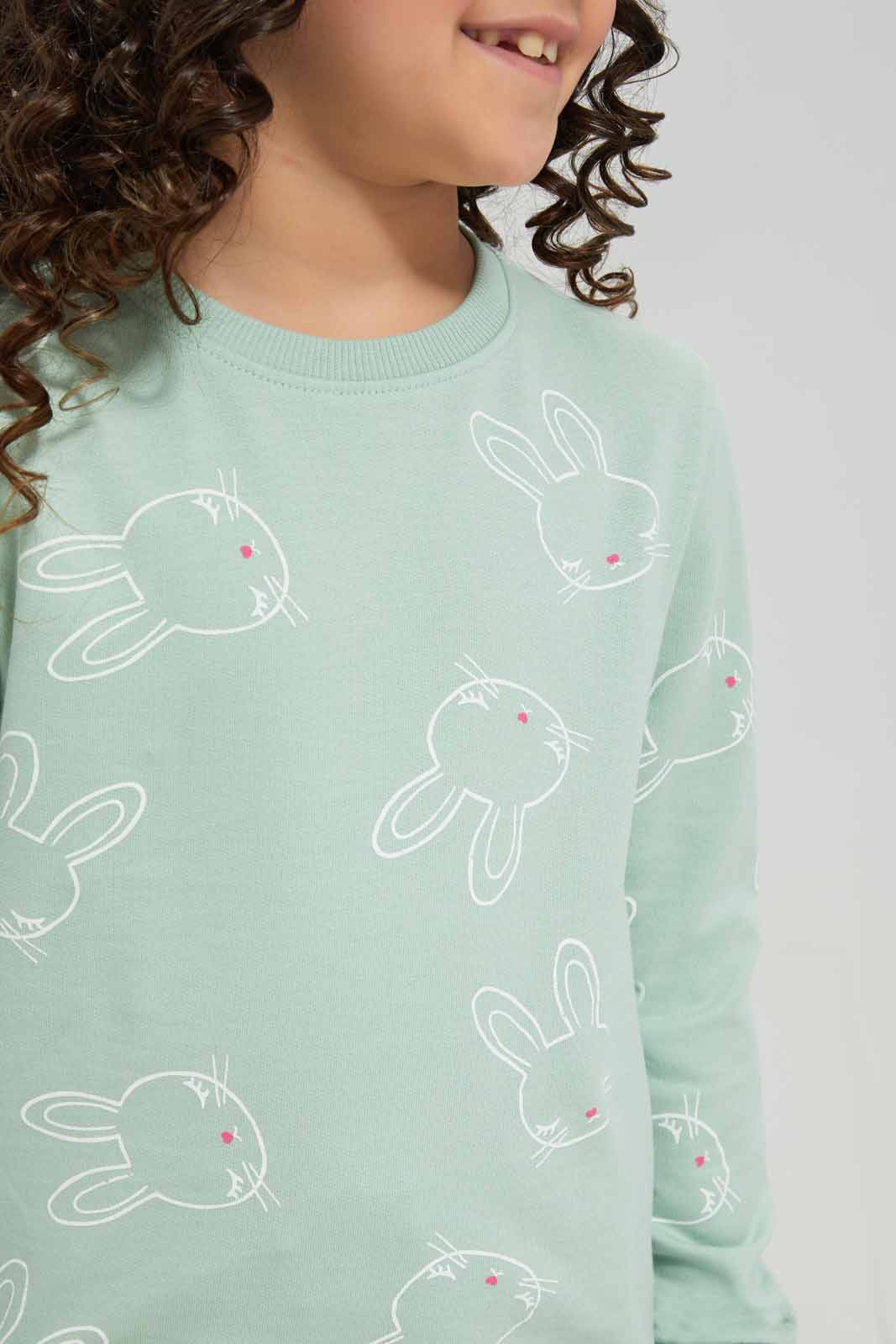 Redtag-Green-Basic-Active-Top---Sage-AOP-Bunny-Category:Sweatshirts,-Colour:Green,-Deals:New-In,-Filter:Girls-(2-to-8-Yrs),-GIR-Sweatshirts,-New-In-GIR-APL,-Non-Sale,-Section:Girls-(0-to-14Yrs),-TBL,-W22A-Girls-2 to 8 Years