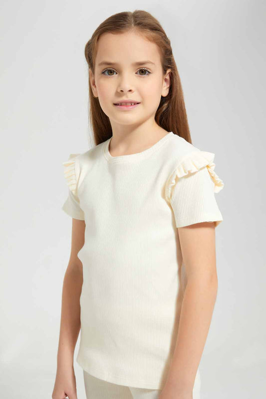 Redtag-Cream-SS-Rib-Tee-Category:T-Shirts,-Colour:Cream,-Deals:New-In,-Filter:Girls-(2-to-8-Yrs),-GIR-T-Shirts,-New-In-GIR-APL,-Non-Sale,-Section:Girls-(0-to-14Yrs),-VLM,-W22O-Girls-2 to 8 Years