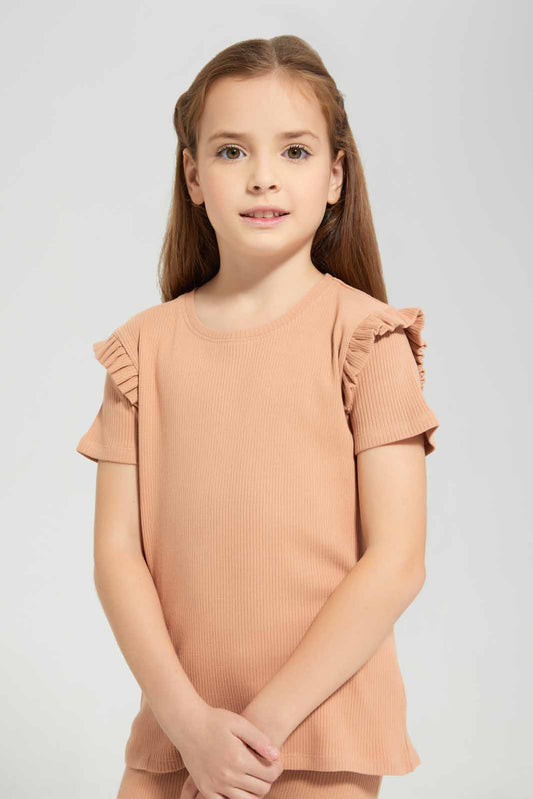 Redtag-Brown-SS-Rib-Tee-Category:T-Shirts,-Colour:Brown,-Deals:New-In,-Filter:Girls-(2-to-8-Yrs),-GIR-T-Shirts,-New-In-GIR-APL,-Non-Sale,-Section:Girls-(0-to-14Yrs),-VLM,-W22O-Girls-2 to 8 Years