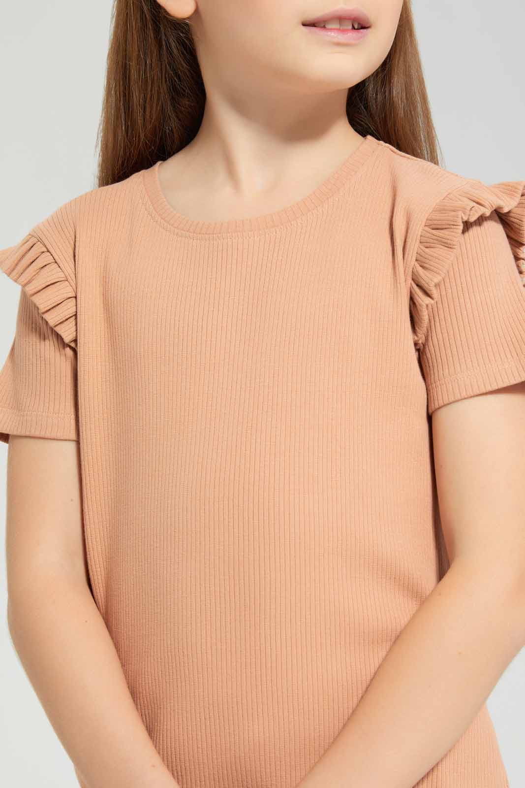 Redtag-Brown-SS-Rib-Tee-Category:T-Shirts,-Colour:Brown,-Deals:New-In,-Filter:Girls-(2-to-8-Yrs),-GIR-T-Shirts,-New-In-GIR-APL,-Non-Sale,-Section:Girls-(0-to-14Yrs),-VLM,-W22O-Girls-2 to 8 Years
