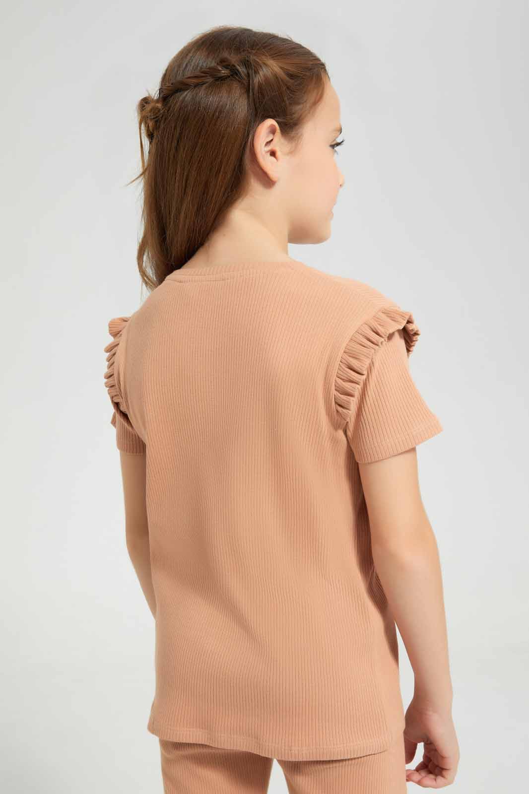 Redtag-Brown-SS-Rib-Tee-Category:T-Shirts,-Colour:Brown,-Deals:New-In,-Filter:Girls-(2-to-8-Yrs),-GIR-T-Shirts,-New-In-GIR-APL,-Non-Sale,-Section:Girls-(0-to-14Yrs),-VLM,-W22O-Girls-2 to 8 Years