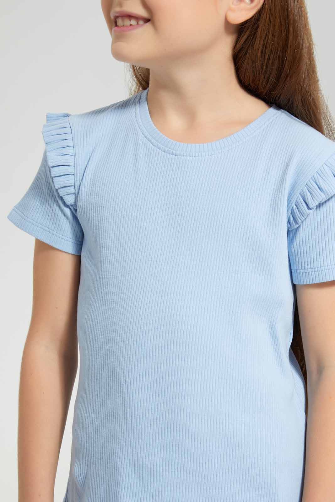 Redtag-Blue-SS-Rib-Tee-Category:T-Shirts,-Colour:Blue,-Deals:New-In,-Filter:Girls-(2-to-8-Yrs),-GIR-T-Shirts,-New-In-GIR-APL,-Non-Sale,-Section:Girls-(0-to-14Yrs),-VLM,-W22O-Girls-2 to 8 Years