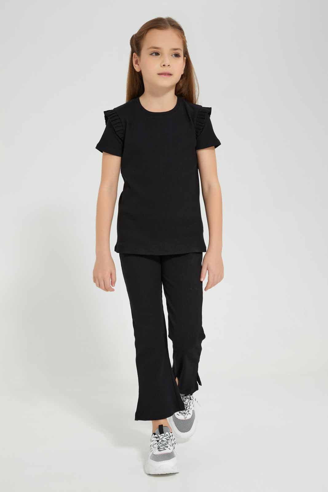 Redtag-Black-SS-Rib-Tee-Category:T-Shirts,-Colour:Black,-Deals:New-In,-Filter:Girls-(2-to-8-Yrs),-GIR-T-Shirts,-New-In-GIR-APL,-Non-Sale,-Section:Girls-(0-to-14Yrs),-VLM,-W22O-Girls-2 to 8 Years