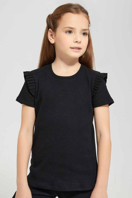 Redtag-Black-SS-Rib-Tee-Category:T-Shirts,-Colour:Black,-Deals:New-In,-Filter:Girls-(2-to-8-Yrs),-GIR-T-Shirts,-New-In-GIR-APL,-Non-Sale,-Section:Girls-(0-to-14Yrs),-VLM,-W22O-Girls-2 to 8 Years
