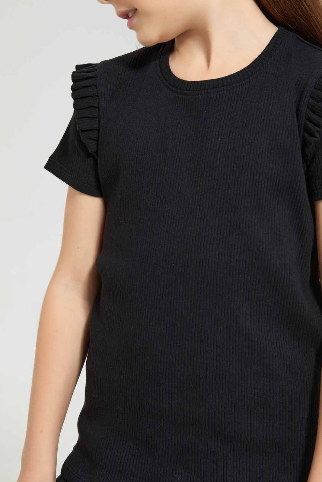Redtag-Black-SS-Rib-Tee-Category:T-Shirts,-Colour:Black,-Deals:New-In,-Filter:Girls-(2-to-8-Yrs),-GIR-T-Shirts,-New-In-GIR-APL,-Non-Sale,-Section:Girls-(0-to-14Yrs),-VLM,-W22O-Girls-2 to 8 Years