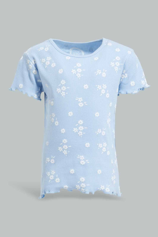 Redtag-Blue-Floral-AOP-Rib-T-Shirt-Category:T-Shirts,-Colour:Blue,-Deals:New-In,-Filter:Infant-Girls-(3-to-24-Mths),-ING-T-Shirts,-New-In-ING-APL,-Non-Sale,-Section:Girls-(0-to-14Yrs),-TBL,-W22A-Infant-Girls-3 to 24 Months