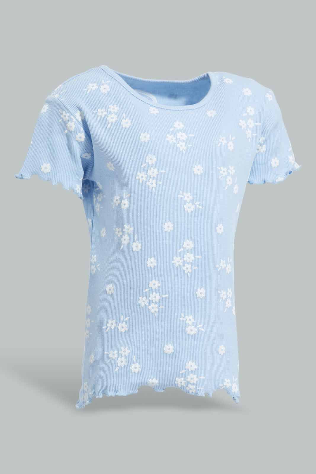 Redtag-Blue-Floral-AOP-Rib-T-Shirt-Category:T-Shirts,-Colour:Blue,-Deals:New-In,-Filter:Infant-Girls-(3-to-24-Mths),-ING-T-Shirts,-New-In-ING-APL,-Non-Sale,-Section:Girls-(0-to-14Yrs),-TBL,-W22A-Infant-Girls-3 to 24 Months