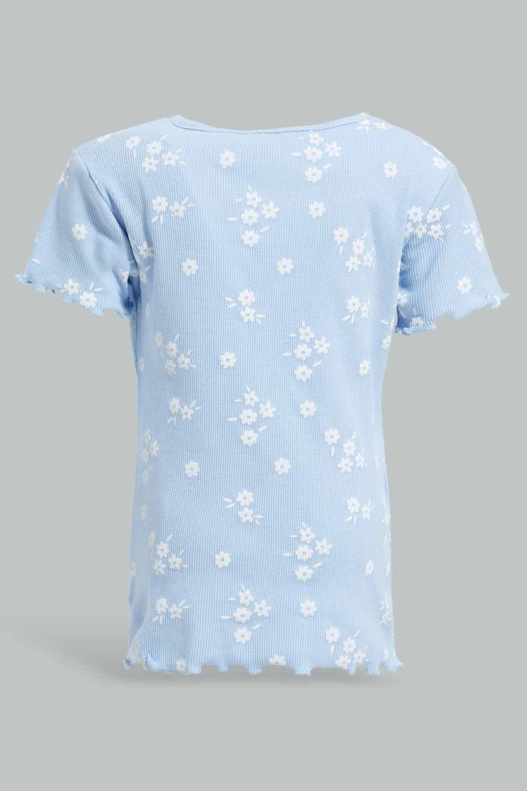Redtag-Blue-Floral-AOP-Rib-T-Shirt-Category:T-Shirts,-Colour:Blue,-Deals:New-In,-Filter:Infant-Girls-(3-to-24-Mths),-ING-T-Shirts,-New-In-ING-APL,-Non-Sale,-Section:Girls-(0-to-14Yrs),-TBL,-W22A-Infant-Girls-3 to 24 Months