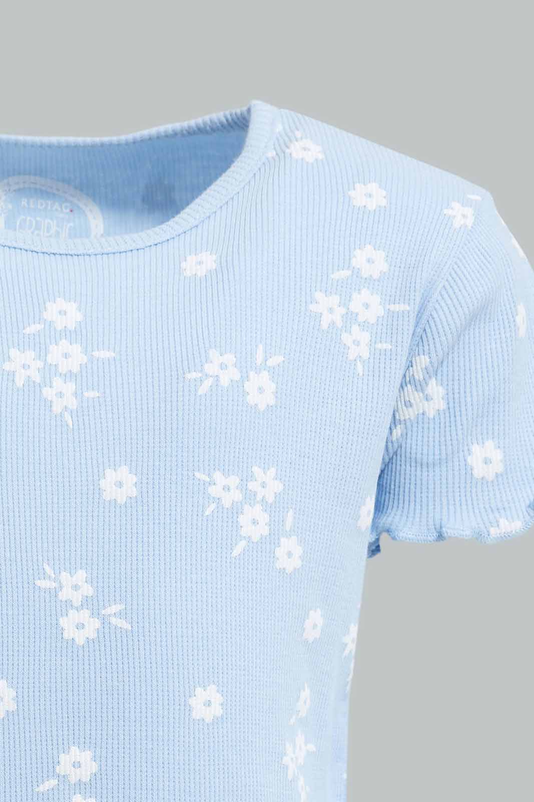 Redtag-Blue-Floral-AOP-Rib-T-Shirt-Category:T-Shirts,-Colour:Blue,-Deals:New-In,-Filter:Infant-Girls-(3-to-24-Mths),-ING-T-Shirts,-New-In-ING-APL,-Non-Sale,-Section:Girls-(0-to-14Yrs),-TBL,-W22A-Infant-Girls-3 to 24 Months