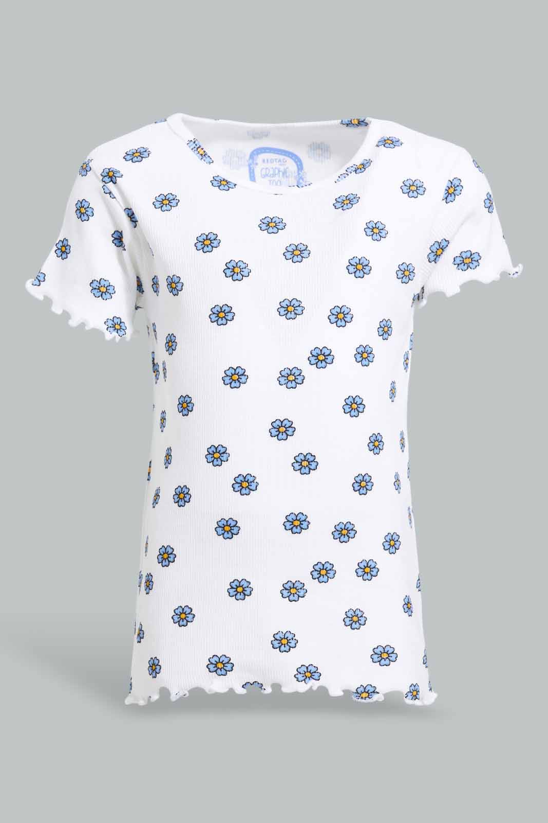 Redtag-White-Floral-AOP-Rib-T-Shirt-Category:T-Shirts,-Colour:White,-Deals:New-In,-Filter:Infant-Girls-(3-to-24-Mths),-ING-T-Shirts,-New-In-ING-APL,-Non-Sale,-Section:Girls-(0-to-14Yrs),-TBL,-W22A-Infant-Girls-3 to 24 Months