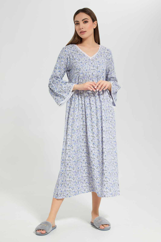Redtag-Assorted-Long-Sleeve-Blue-Printed-Night-Gown-Category:Nightgowns,-Colour:Assorted,-Deals:New-In,-Filter:Women's-Clothing,-New-In-Women-APL,-Non-Sale,-Section:Women,-W22O,-Women-Nightgowns--