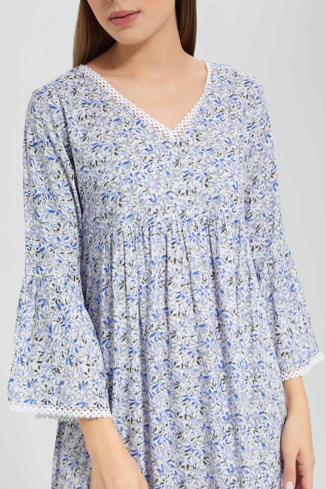 Redtag-Assorted-Long-Sleeve-Blue-Printed-Night-Gown-Category:Nightgowns,-Colour:Assorted,-Deals:New-In,-Filter:Women's-Clothing,-New-In-Women-APL,-Non-Sale,-Section:Women,-W22O,-Women-Nightgowns--