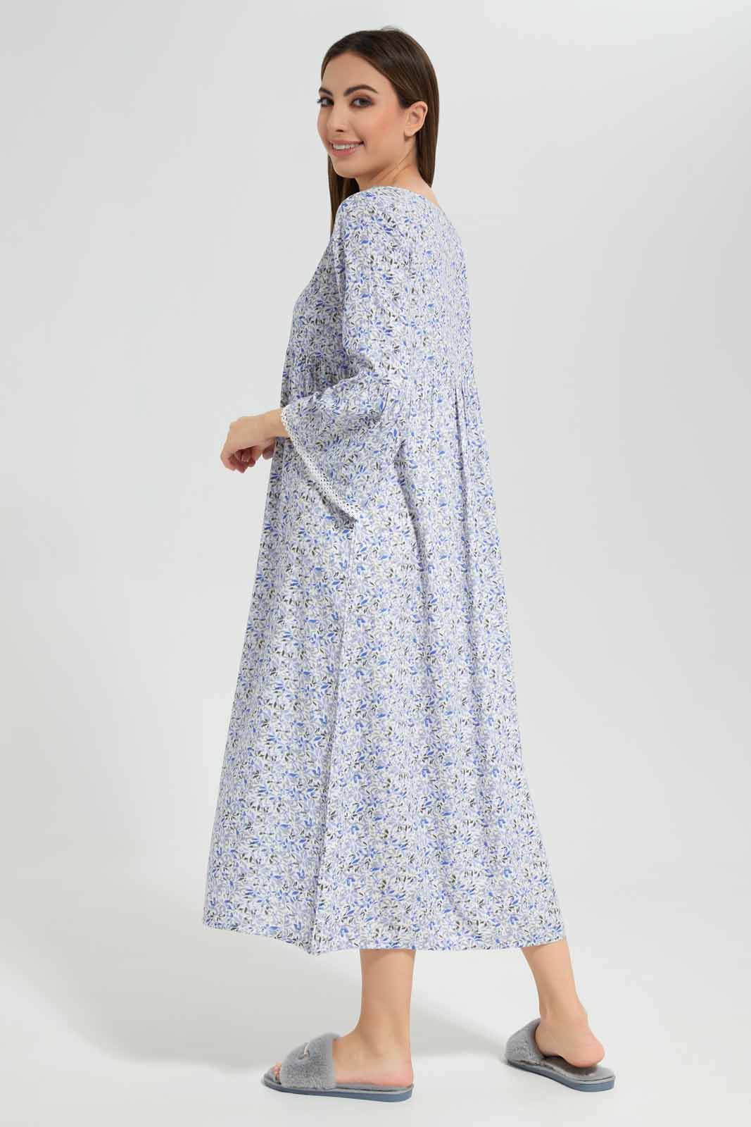 Redtag-Assorted-Long-Sleeve-Blue-Printed-Night-Gown-Category:Nightgowns,-Colour:Assorted,-Deals:New-In,-Filter:Women's-Clothing,-New-In-Women-APL,-Non-Sale,-Section:Women,-W22O,-Women-Nightgowns--