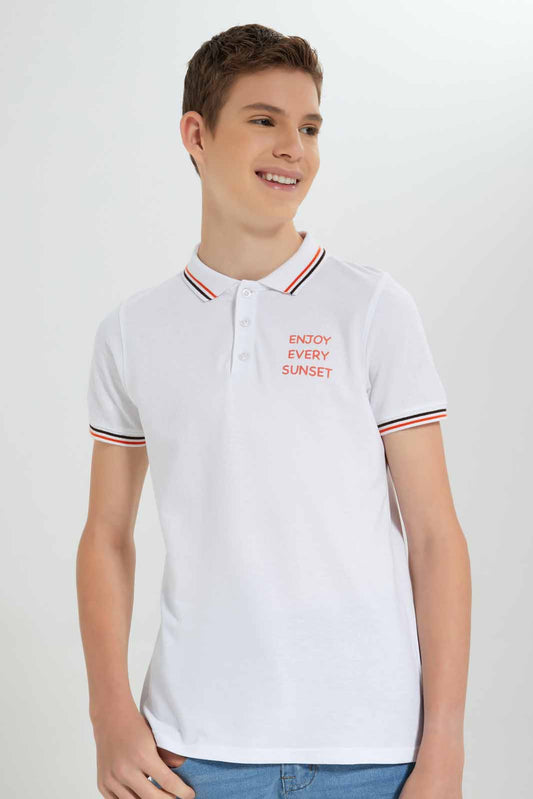 Redtag-White-Front-And-Back-Print-Polo-BSR-Polo-T-Shirts,-Bundle,-Category:Polo-T-Shirts,-Colour:White,-Deals:3-For-90,-Deals:New-In,-Filter:Senior-Boys-(8-to-14-Yrs),-New-In-BSR-APL,-Section:Boys-(0-to-14Yrs),-W22O-Senior-Boys-9 to 14 Years