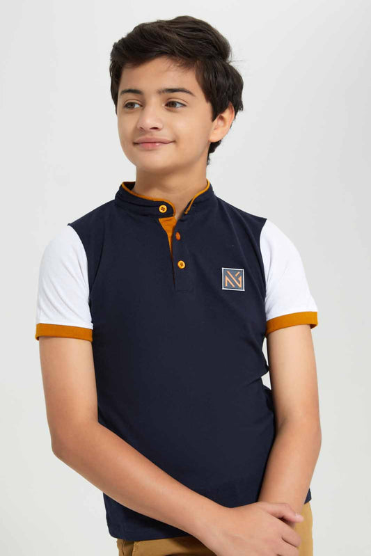 Redtag-Navy-NY-Mandarin-Collar-Cut-&-Sew-Polo-BSR-Polo-T-Shirts,-Bundle,-Category:Polo-T-Shirts,-Colour:Navy,-Deals:3-For-90,-Deals:New-In,-Filter:Senior-Boys-(8-to-14-Yrs),-New-In-BSR-APL,-Section:Boys-(0-to-14Yrs),-W22O-Senior-Boys-9 to 14 Years