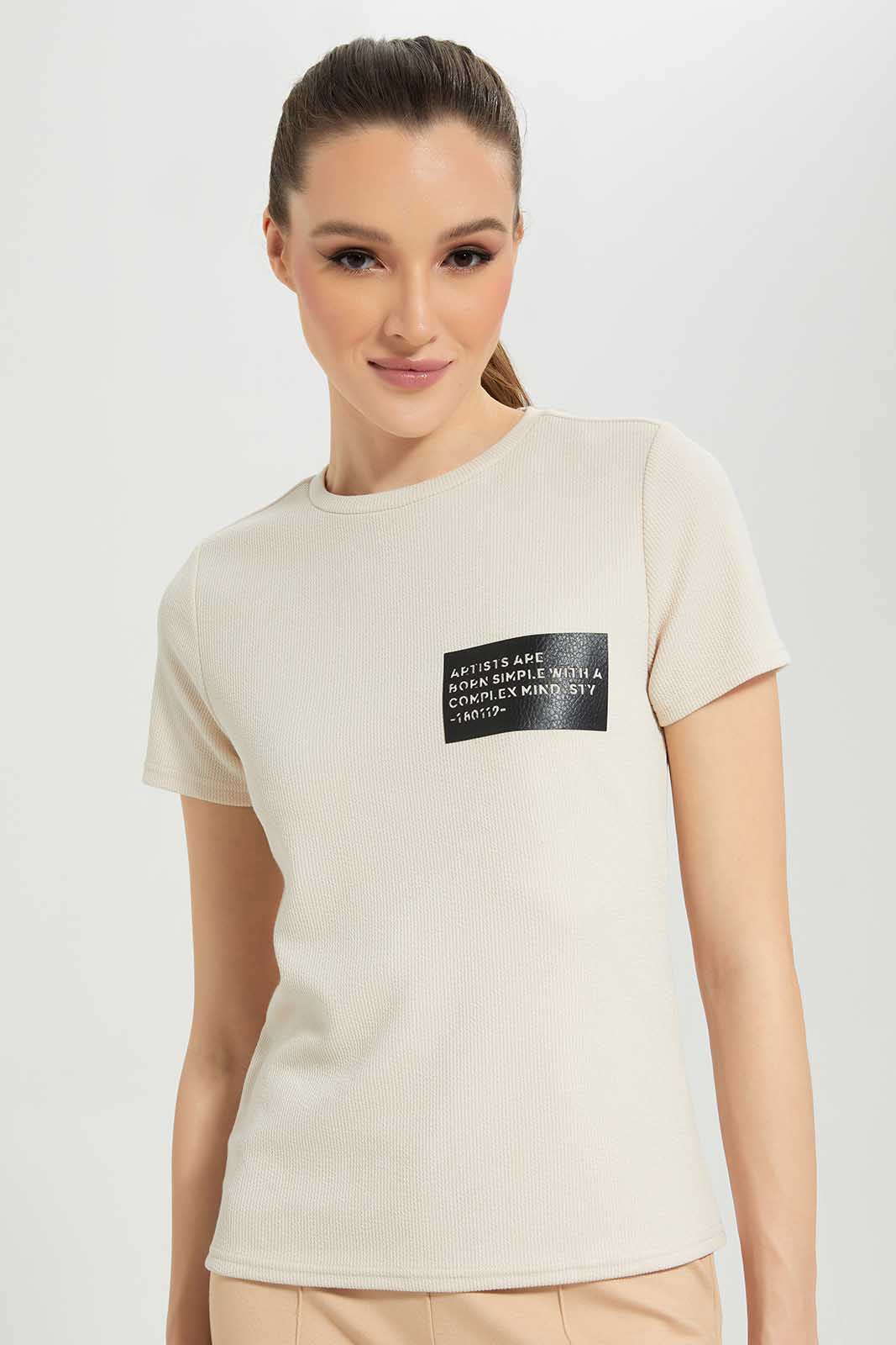 Redtag-Ivory-Textured-With-Leather-Patch-Category:T-Shirts,-Colour:Ivory,-Deals:New-In,-Filter:Women's-Clothing,-LDC,-LDC-T-Shirts,-New-In-LDC-APL,-Non-Sale,-Section:Women,-TBL,-W22A-Women's-
