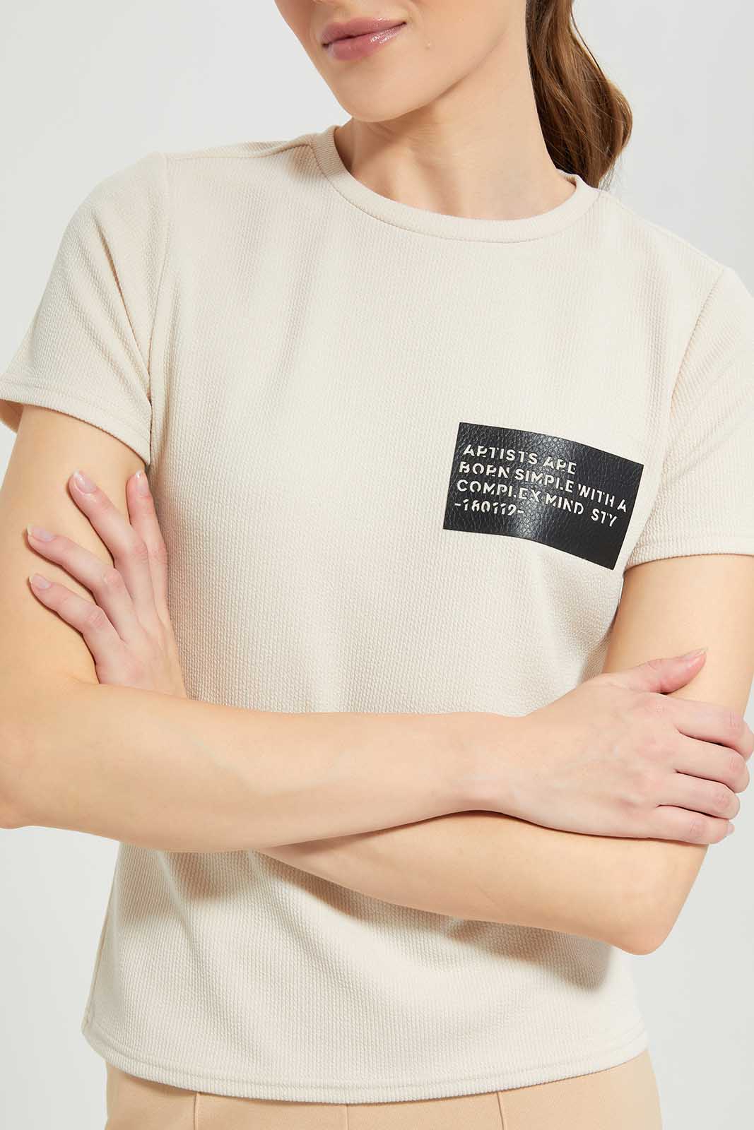 Redtag-Ivory-Textured-With-Leather-Patch-Category:T-Shirts,-Colour:Ivory,-Deals:New-In,-Filter:Women's-Clothing,-LDC,-LDC-T-Shirts,-New-In-LDC-APL,-Non-Sale,-Section:Women,-TBL,-W22A-Women's-