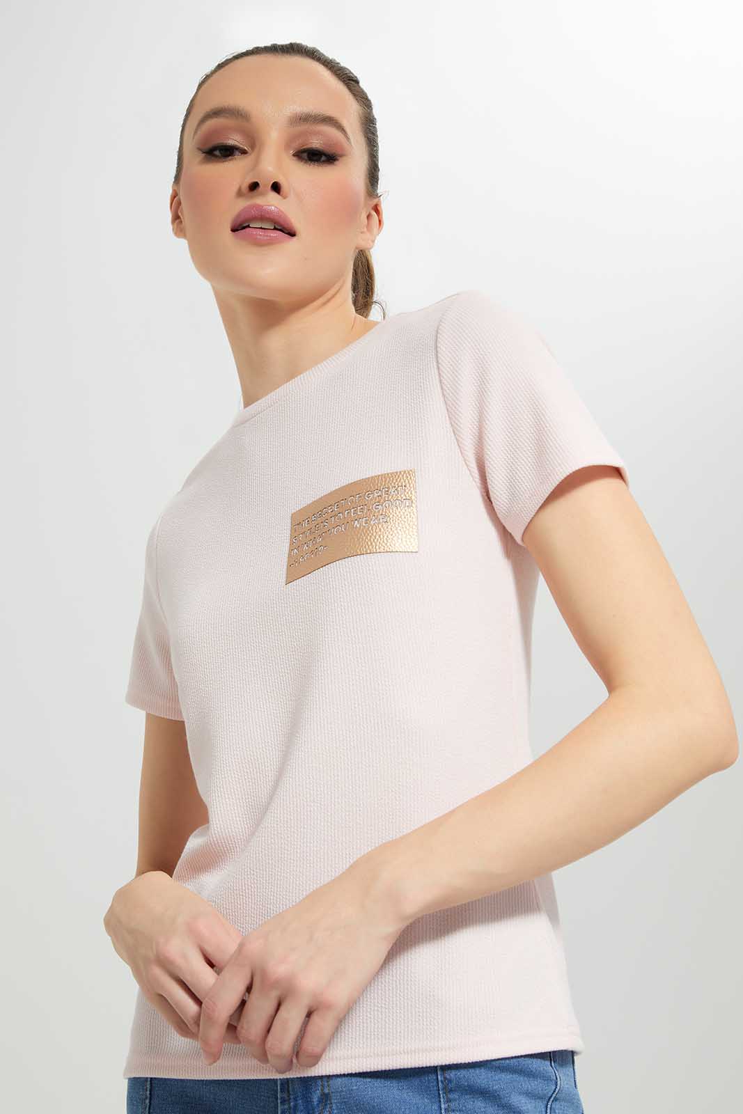 Redtag-Pink-Textured-With-Leather-Patch-Category:T-Shirts,-Colour:Apricot,-Deals:New-In,-Filter:Women's-Clothing,-LDC,-LDC-T-Shirts,-New-In-LDC-APL,-Non-Sale,-Section:Women,-TBL,-W22A-Women's-