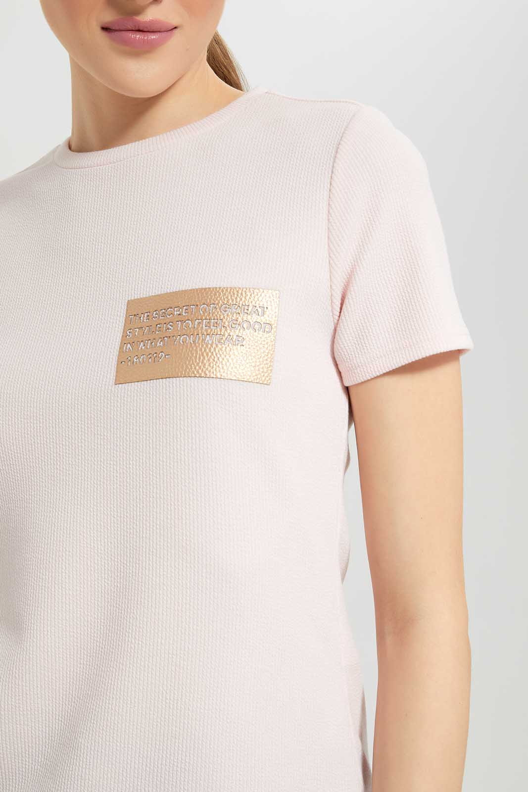 Redtag-Pink-Textured-With-Leather-Patch-Category:T-Shirts,-Colour:Apricot,-Deals:New-In,-Filter:Women's-Clothing,-LDC,-LDC-T-Shirts,-New-In-LDC-APL,-Non-Sale,-Section:Women,-TBL,-W22A-Women's-