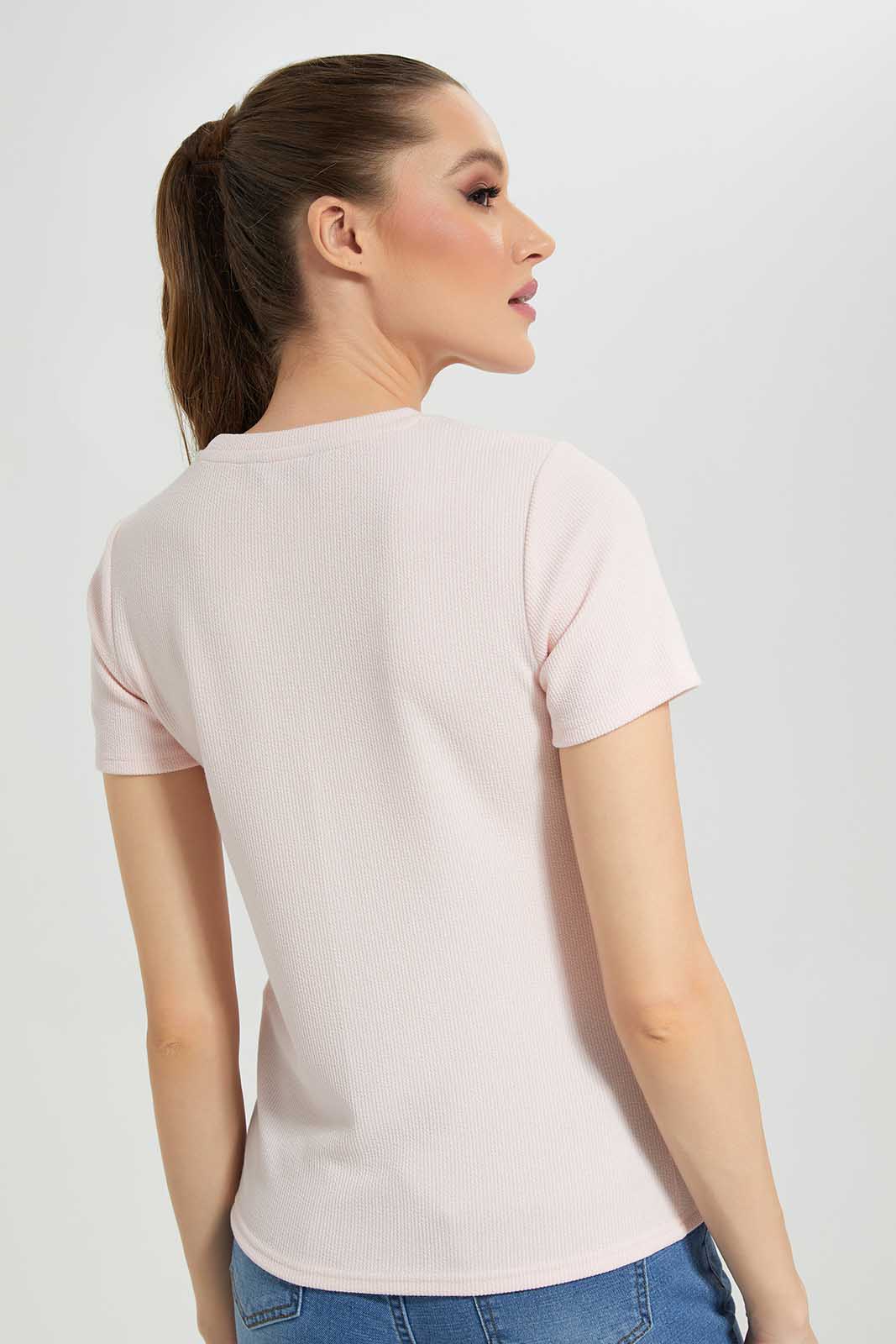 Redtag-Pink-Textured-With-Leather-Patch-Category:T-Shirts,-Colour:Apricot,-Deals:New-In,-Filter:Women's-Clothing,-LDC,-LDC-T-Shirts,-New-In-LDC-APL,-Non-Sale,-Section:Women,-TBL,-W22A-Women's-