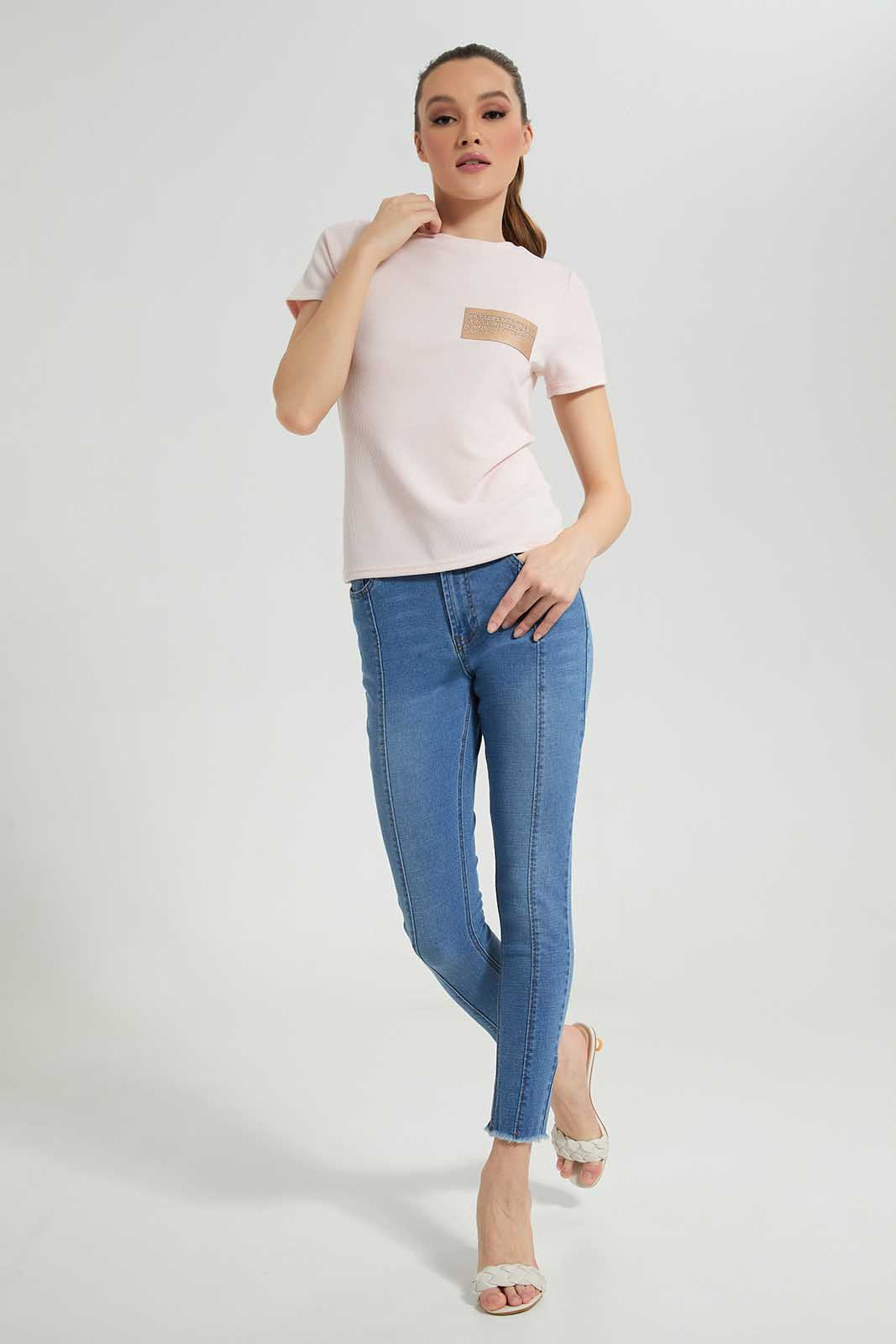 Redtag-Pink-Textured-With-Leather-Patch-Category:T-Shirts,-Colour:Apricot,-Deals:New-In,-Filter:Women's-Clothing,-LDC,-LDC-T-Shirts,-New-In-LDC-APL,-Non-Sale,-Section:Women,-TBL,-W22A-Women's-