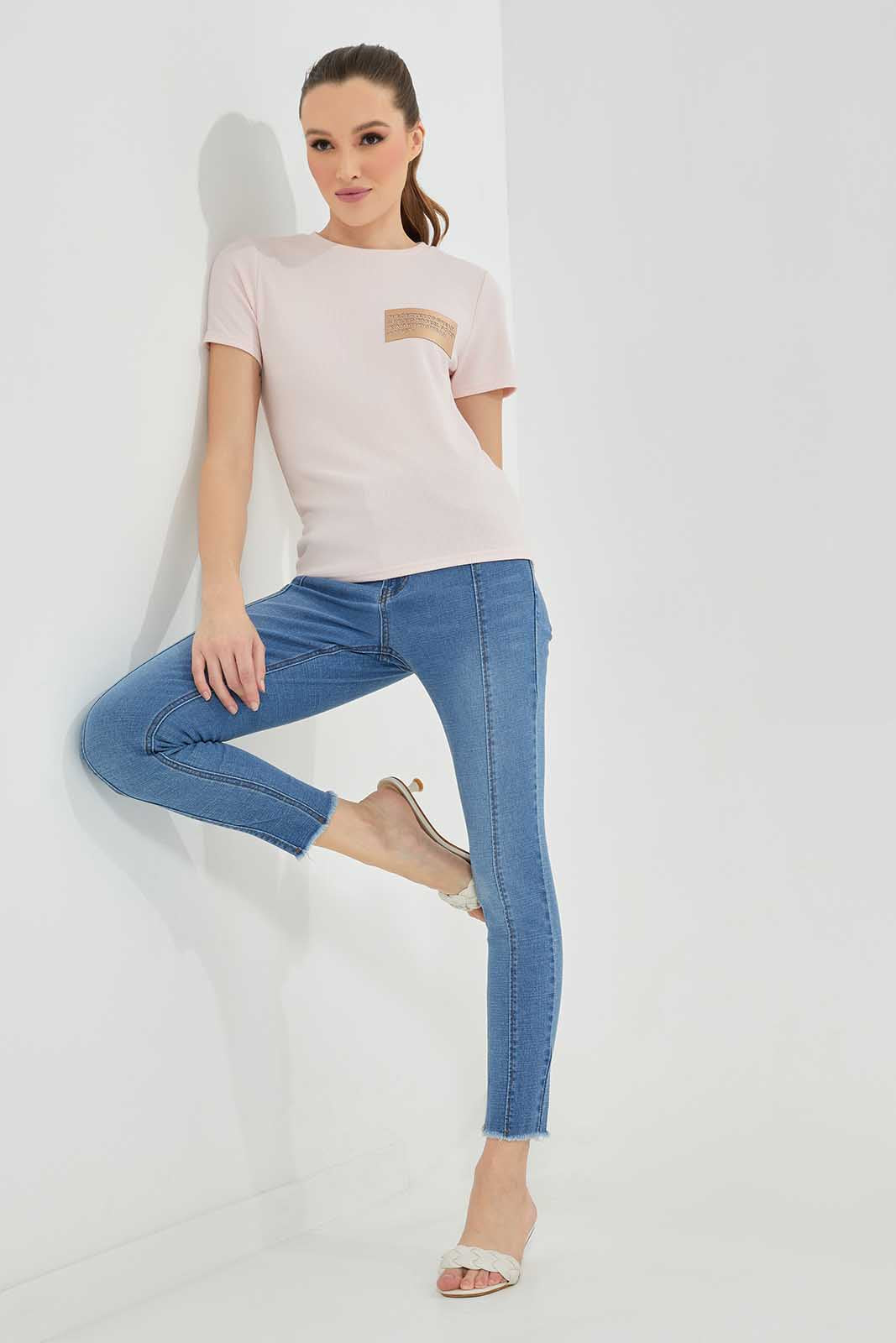 Redtag-Pink-Textured-With-Leather-Patch-Category:T-Shirts,-Colour:Apricot,-Deals:New-In,-Filter:Women's-Clothing,-LDC,-LDC-T-Shirts,-New-In-LDC-APL,-Non-Sale,-Section:Women,-TBL,-W22A-Women's-