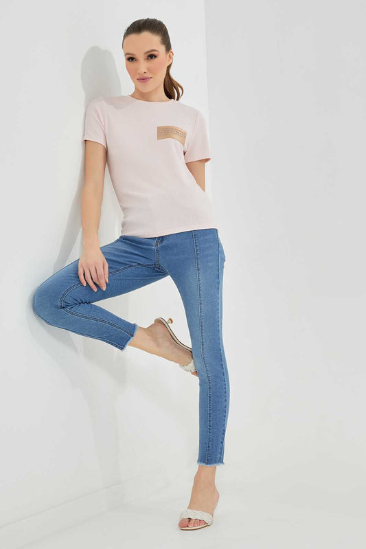 Redtag-Pink-Textured-With-Leather-Patch-Category:T-Shirts,-Colour:Apricot,-Deals:New-In,-Filter:Women's-Clothing,-LDC,-LDC-T-Shirts,-New-In-LDC-APL,-Non-Sale,-Section:Women,-TBL,-W22A-Women's-
