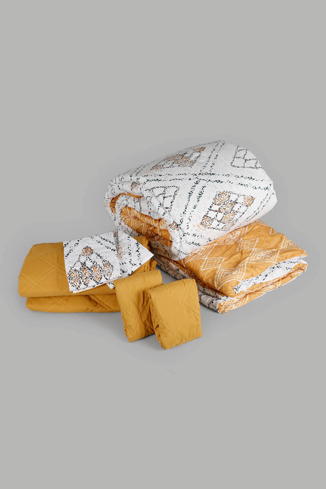 Redtag-Mustard-6-Pc-Geometric-Print-Comforter-And-Coverlet-Set-(Double-Size)-Category:Comforters,-Colour:Mustard,-Deals:New-In,-Filter:Home-Bedroom,-HMW-BED-Comforters,-New-In-HMW-BED,-Non-Sale,-Section:Homewares,-W22A-Home-Bedroom-