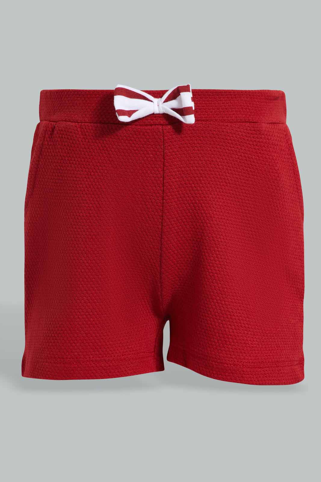 Redtag-Red-Stripes-Ruffle-Sleeves-T-Shirt-With-Shorts-Category:Sets,-Colour:Red,-Deals:New-In,-Filter:Infant-Girls-(3-to-24-Mths),-ING-Sets,-New-In-ING-APL,-Non-Sale,-Section:Girls-(0-to-14Yrs),-W22O-Infant-Girls-3 to 24 Months