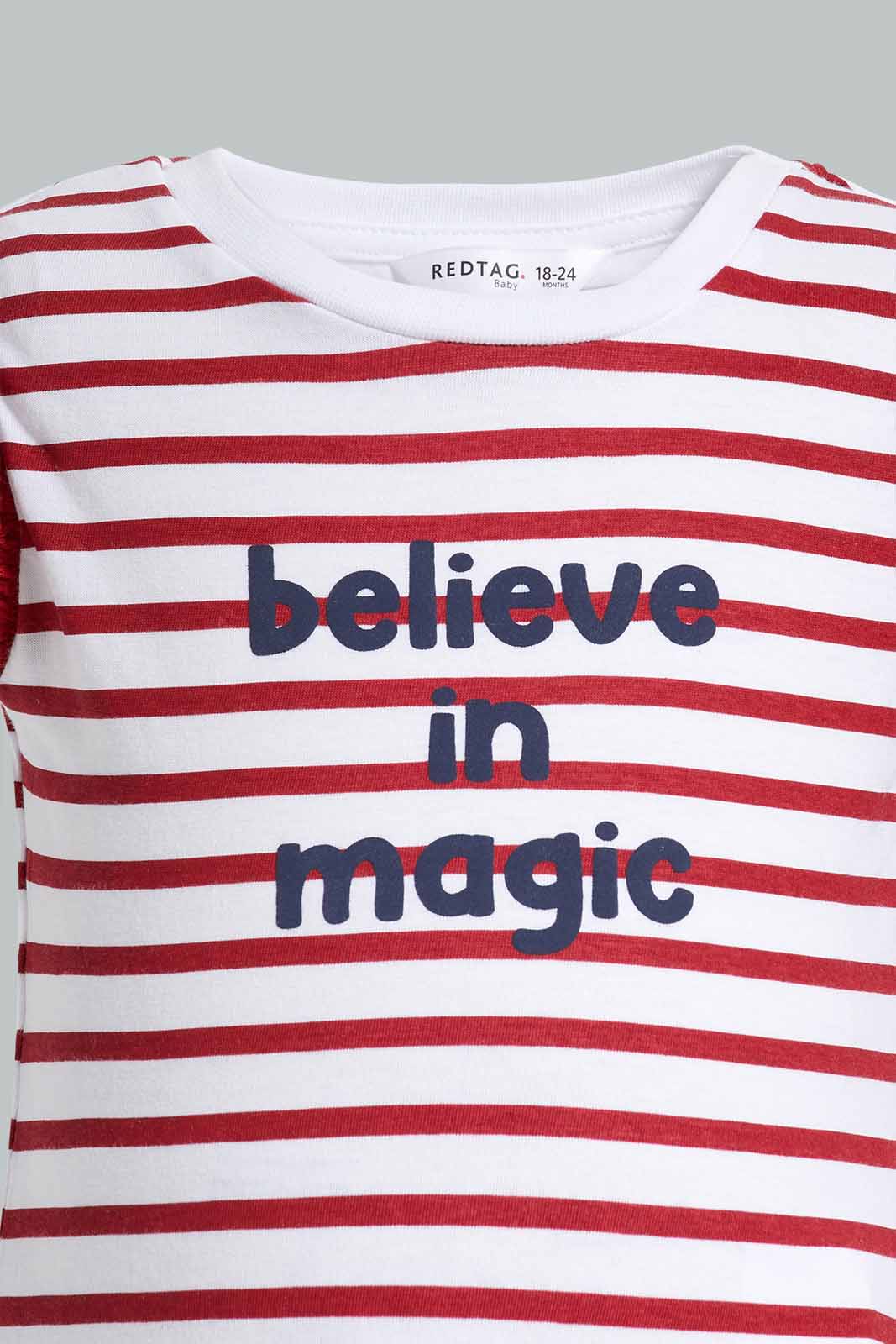 Redtag-Red-Stripes-Ruffle-Sleeves-T-Shirt-With-Shorts-Category:Sets,-Colour:Red,-Deals:New-In,-Filter:Infant-Girls-(3-to-24-Mths),-ING-Sets,-New-In-ING-APL,-Non-Sale,-Section:Girls-(0-to-14Yrs),-W22O-Infant-Girls-3 to 24 Months