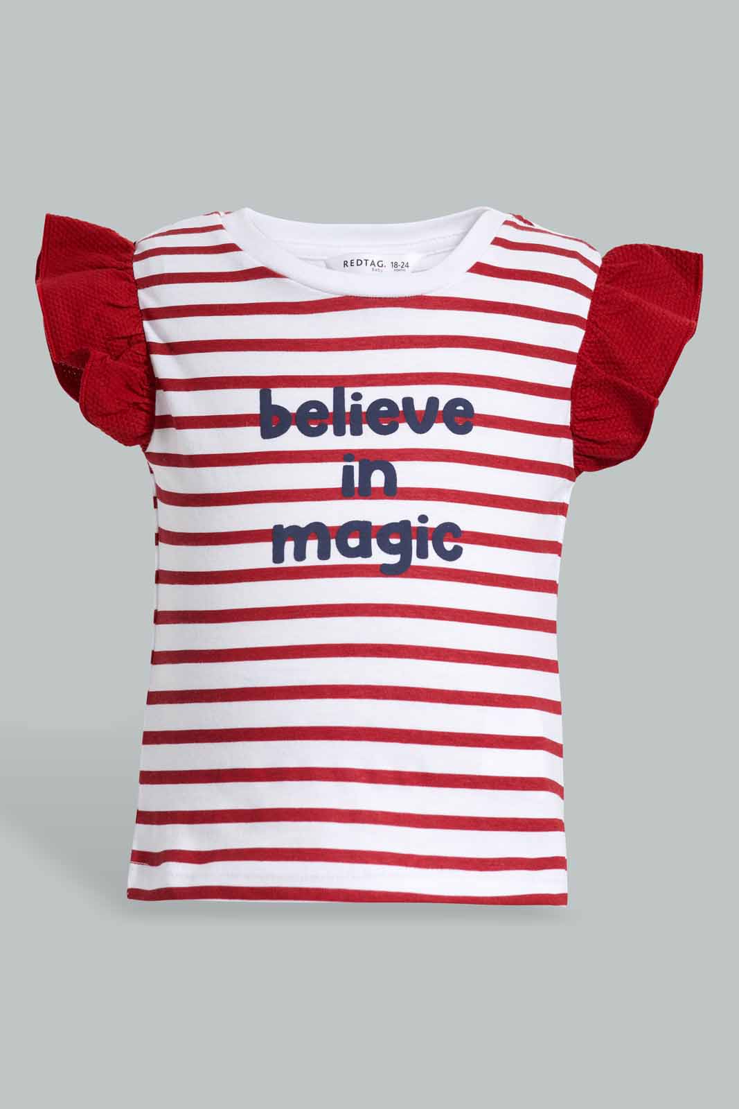Redtag-Red-Stripes-Ruffle-Sleeves-T-Shirt-With-Shorts-Category:Sets,-Colour:Red,-Deals:New-In,-Filter:Infant-Girls-(3-to-24-Mths),-ING-Sets,-New-In-ING-APL,-Non-Sale,-Section:Girls-(0-to-14Yrs),-W22O-Infant-Girls-3 to 24 Months